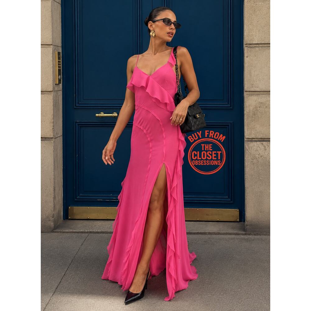 MANGO Fuchsia Ruffle Maxi Dress NWT Open Back Wedding Guest Dress Sizes 6 10